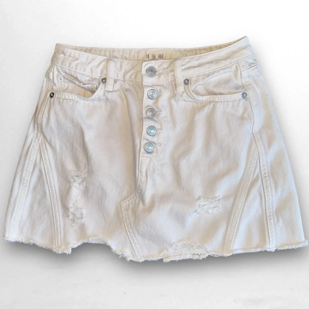 We the Free Distressed Denim Front Buttons Boho Mini Skirt Cream Off White 27